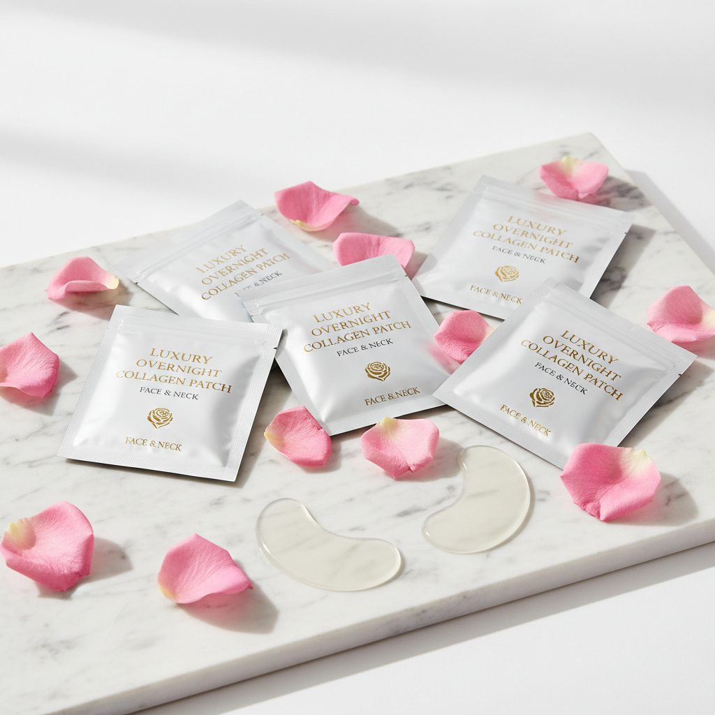 Overnight Face and Neck Collagen Patches on white marble surface