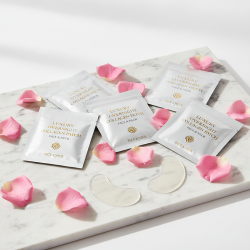 Overnight Face and Neck Collagen Patches on white marble surface